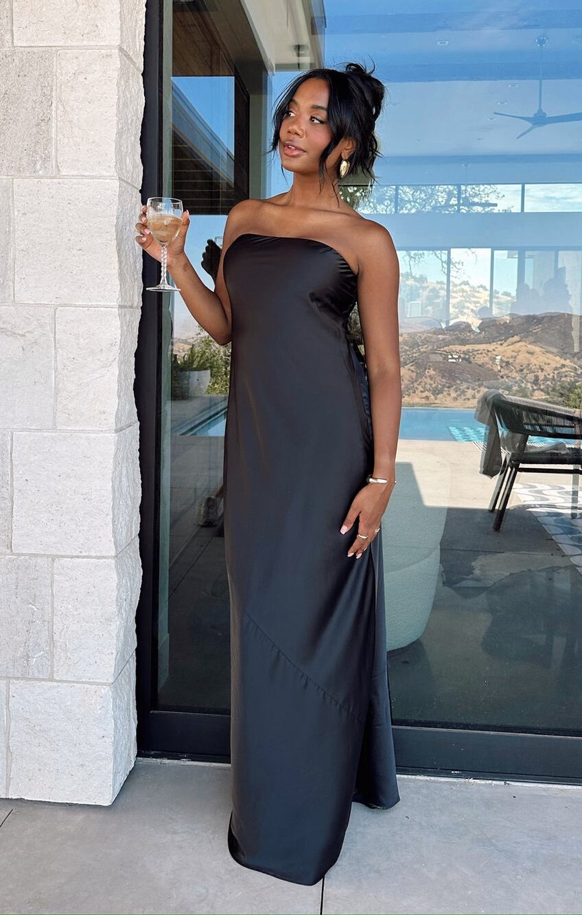 Show Me Your Mumu Taylor Tube Dress in Black Luxe Satin XXS